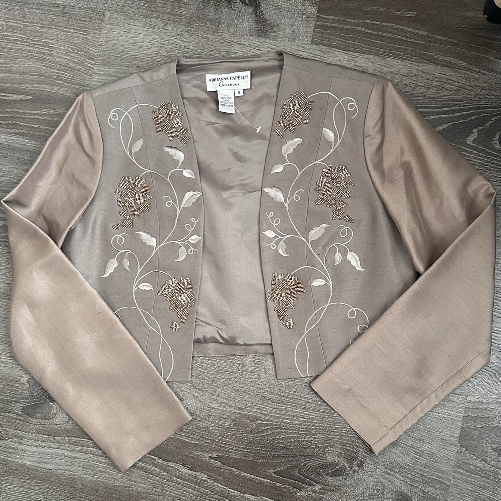 Vintage Adrianna Papell Occasions Silk Beaded Floral Bolero Jacket Beige Size 8